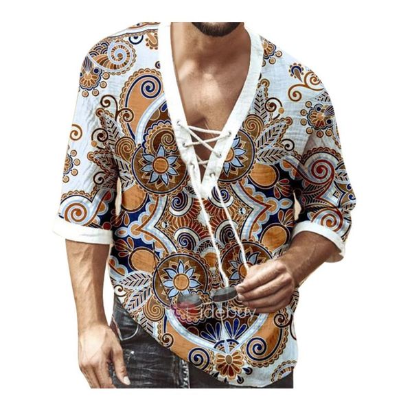 men's casual shirts ethnic style printed shirt men v neck high street lace up vintage camisa 3/4 sleeve mens hawaiian male blouse, White;black
men's casual shirts ethnic style printed shirt men v neck high street lace up vintage camisa 3/4 sleeve mens hawaiian male blouse, White;black