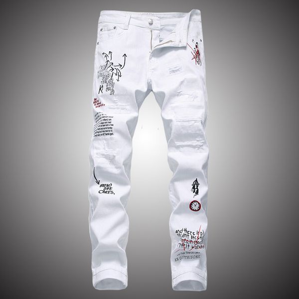 white slim fit jeans pants men 2019 letter embroidery printed trousers jeans for male holes ripped denim pants wa102, Blue
white slim fit jeans pants men 2019 letter embroidery printed trousers jeans for male holes ripped denim pants wa102, Blue