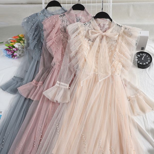 women spring pleated pearl bead lace up bandage bow dress elegant slim high waist ruffles mesh gauze voile flare sleeve dresses, Black;gray
women spring pleated pearl bead lace up bandage bow dress elegant slim high waist ruffles mesh gauze voile flare sleeve dresses, Black;gray
