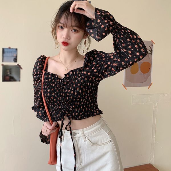 women summer square collar shirts pleated floral women chiffon shirt long sleeve korean style **, White
women summer square collar shirts pleated floral women chiffon shirt long sleeve korean style **, White
