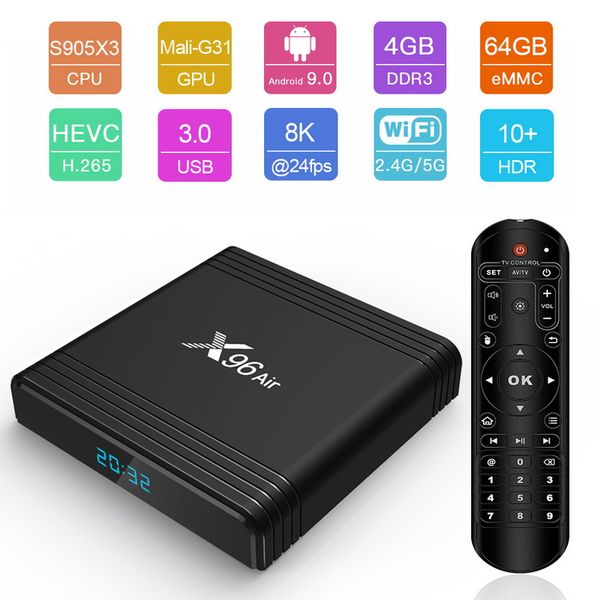 

x96 air amlogic s905x3 mini android 9.0 tv box 4gb 64gb 32gb wifi 4k 8k 24fps x96air 2gb 16gb set box