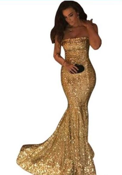 sequined gold prom dresses strapless sweep train simple mermaid evening dress custom made back zipper cocktail party vestidos, Black
sequined gold prom dresses strapless sweep train simple mermaid evening dress custom made back zipper cocktail party vestidos, Black