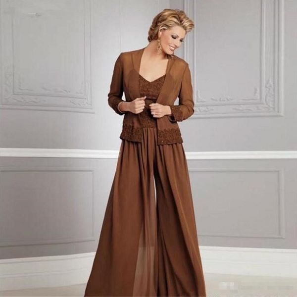 brown chiffon mother of the bride pant suits with jacket long sleeves spaghetti straps wedding guest dress lace mother of groom dresses, Black;red
brown chiffon mother of the bride pant suits with jacket long sleeves spaghetti straps wedding guest dress lace mother of groom dresses, Black;red