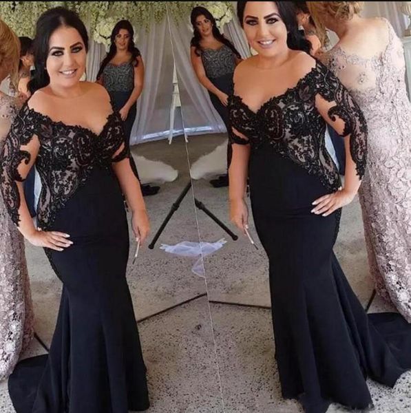 black mermaid mother of the bride dresses with long sleeves lace applique satin sheer neck plus size wedding guest evening gowns, Black;red
black mermaid mother of the bride dresses with long sleeves lace applique satin sheer neck plus size wedding guest evening gowns, Black;red
