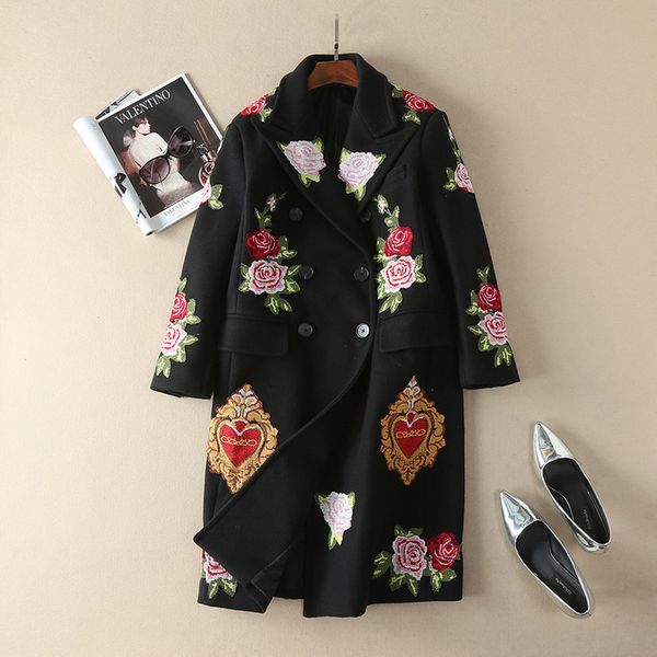 new fashion 2017 winter designer wool coat women's long sleeve vintage embroidery wool long coat, Black
new fashion 2017 winter designer wool coat women's long sleeve vintage embroidery wool long coat, Black