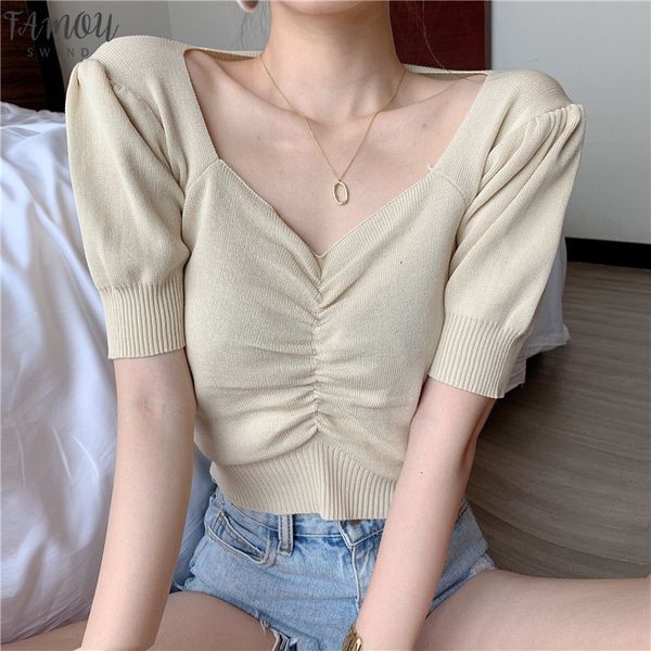 vintage puff short sleeve v neck knitted t shirts girls solid stretchy crop thin knitwear for women, White 
vintage puff short sleeve v neck knitted t shirts girls solid stretchy crop thin knitwear for women, White