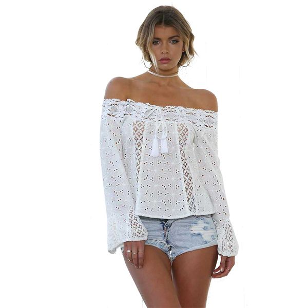 2019 womens and blouses plus size one-shoulder strapless lace long-sleeved tassel stitching off shoulder ladies, White
2019 womens and blouses plus size one-shoulder strapless lace long-sleeved tassel stitching off shoulder ladies, White