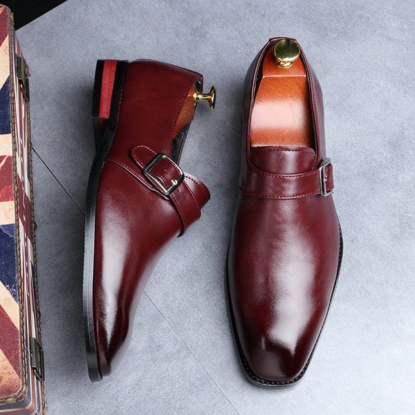 dress shoes black british designer square toe monk shoes buckle strap office career shoes