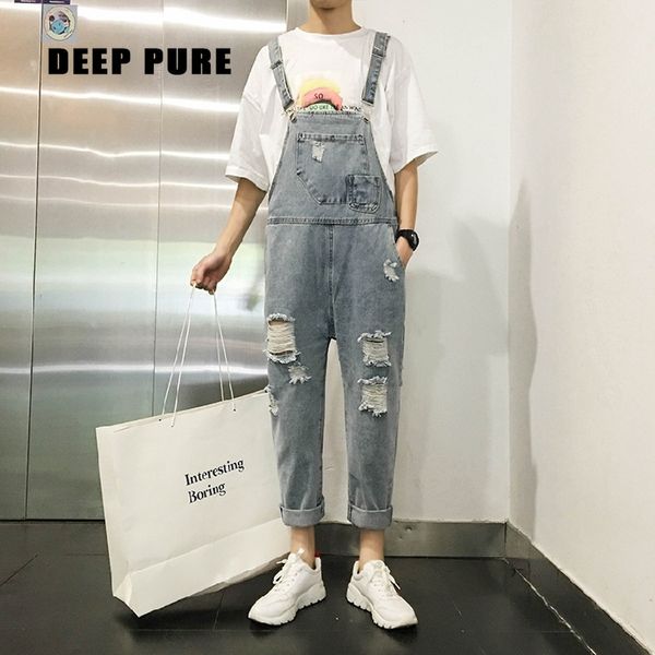 men jeans streetwear full length washed denim overalls rompers pocket hole, Blue
men jeans streetwear full length washed denim overalls rompers pocket hole, Blue