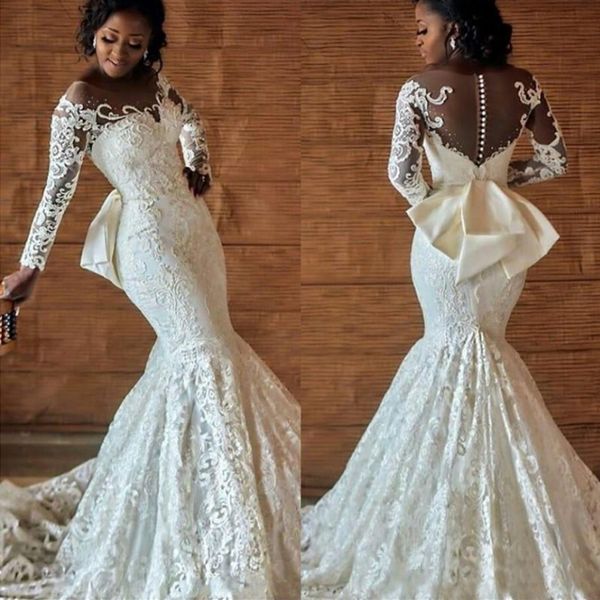 plus size african mermaid wedding bridal dresses long sleeves scoop neck chapel train wedding gown with bow, White
plus size african mermaid wedding bridal dresses long sleeves scoop neck chapel train wedding gown with bow, White