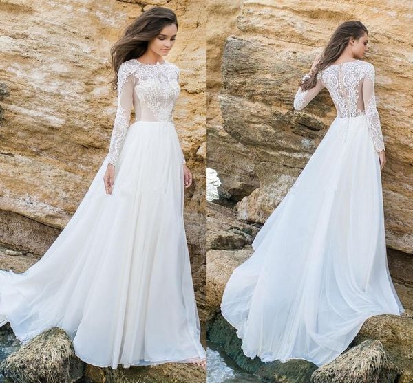 2020 summer beach wedding dresses jewel neck long sleeve lace applique illusion button back chiffon sweep train bridal gowns bohemain, White
2020 summer beach wedding dresses jewel neck long sleeve lace applique illusion button back chiffon sweep train bridal gowns bohemain, White
