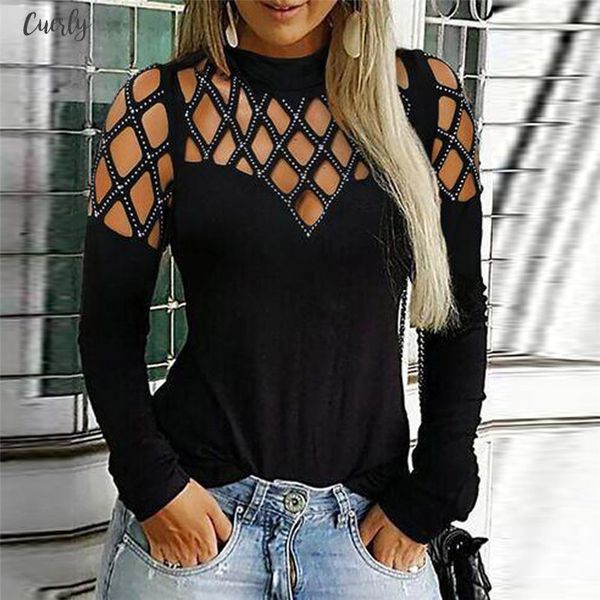 blouses woman 2020 leisure holiday tees ladies black basic shinny studded hollow out long sleeve casual crew neck womens shirt, White 
blouses woman 2020 leisure holiday tees ladies black basic shinny studded hollow out long sleeve casual crew neck womens shirt, White