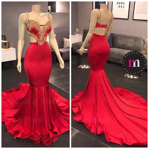 red mermaid prom dresses spaghetti straps cutaway side gold applique backless crystals beaded court train formal evening party gowns, Black
red mermaid prom dresses spaghetti straps cutaway side gold applique backless crystals beaded court train formal evening party gowns, Black
