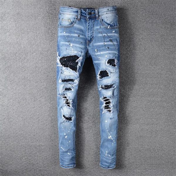 delivery 2020 new men's rhinestone crystal patchwork light blue ripped jeans slim fit skinny stretch denim pants
delivery 2020 new men's rhinestone crystal patchwork light blue ripped jeans slim fit skinny stretch denim pants