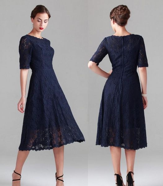 elegant navy blue tea-length lace mother of the bride dresses vintage half long sleeve beach bridesmaid bridal party evening gowns, Black;red
elegant navy blue tea-length lace mother of the bride dresses vintage half long sleeve beach bridesmaid bridal party evening gowns, Black;red