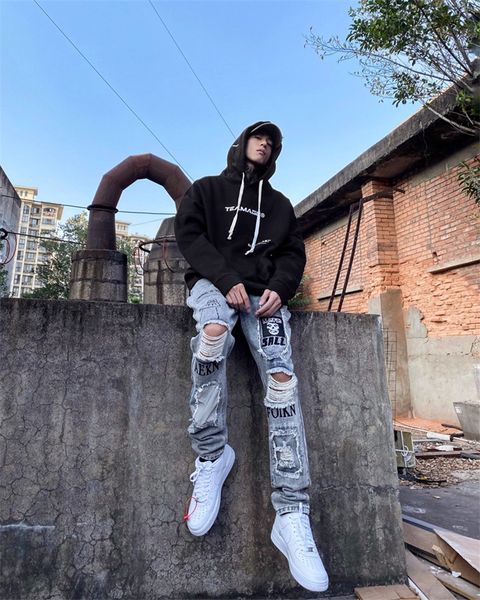 mens letter printed applique jeans fashion spring zipper fly solid boys streetwears male patch hole trousers reflective, Blue
mens letter printed applique jeans fashion spring zipper fly solid boys streetwears male patch hole trousers reflective, Blue