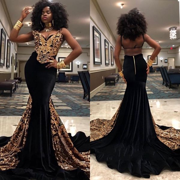 elegant sleeveless long black mermaid prom dresses with gold appliques backless sweep train velvet formal evening gowns
elegant sleeveless long black mermaid prom dresses with gold appliques backless sweep train velvet formal evening gowns
