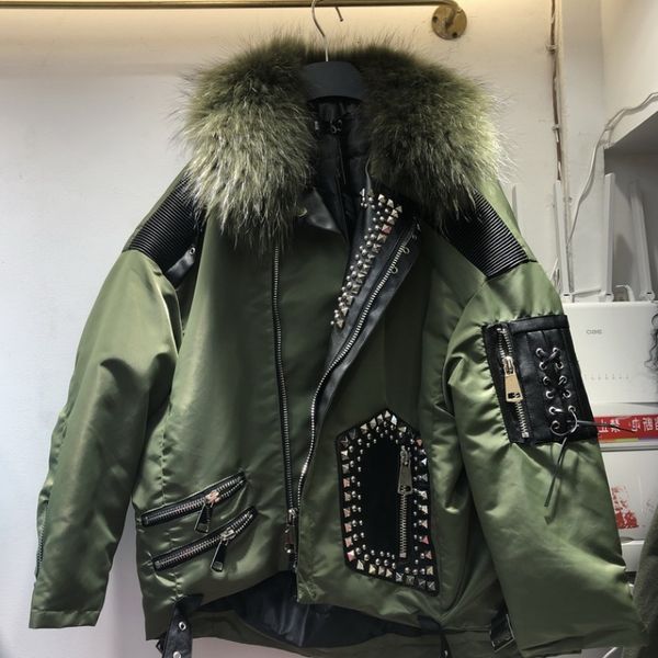 2019 white duck down fur collar heavy work rivet multi-pocket leather zipper parker down jacket f645, Black
2019 white duck down fur collar heavy work rivet multi-pocket leather zipper parker down jacket f645, Black