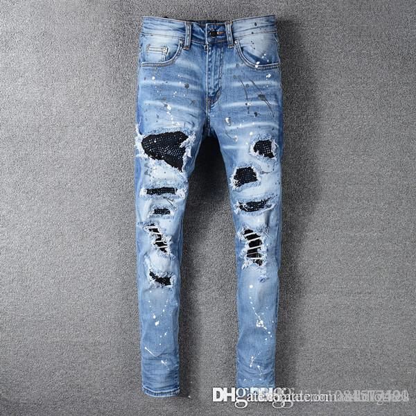 mens 19ss luxury designer clothes jeans apparel fashion trousers mens washed patch collage tight-fitting mens ripped skinny jeans, Blue