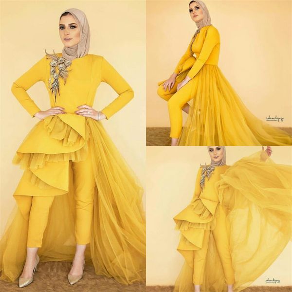 2020 yellow jumpsuit evening dresses with detachable overskirt jewel neck tulle a line prom dress sweep train arabic long formal gowns, Black;red
2020 yellow jumpsuit evening dresses with detachable overskirt jewel neck tulle a line prom dress sweep train arabic long formal gowns, Black;red