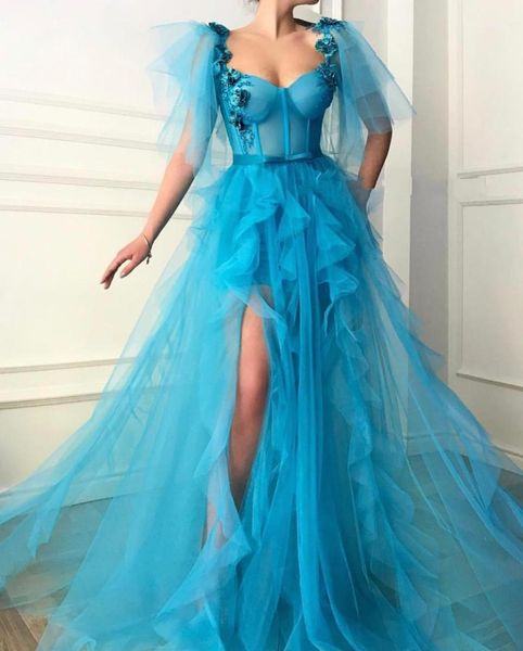 blue muslim evening dresses 2019 flowers ruffles tulle high slit dubai saudi arabic long evening gowns prom dress, White;black
blue muslim evening dresses 2019 flowers ruffles tulle high slit dubai saudi arabic long evening gowns prom dress, White;black