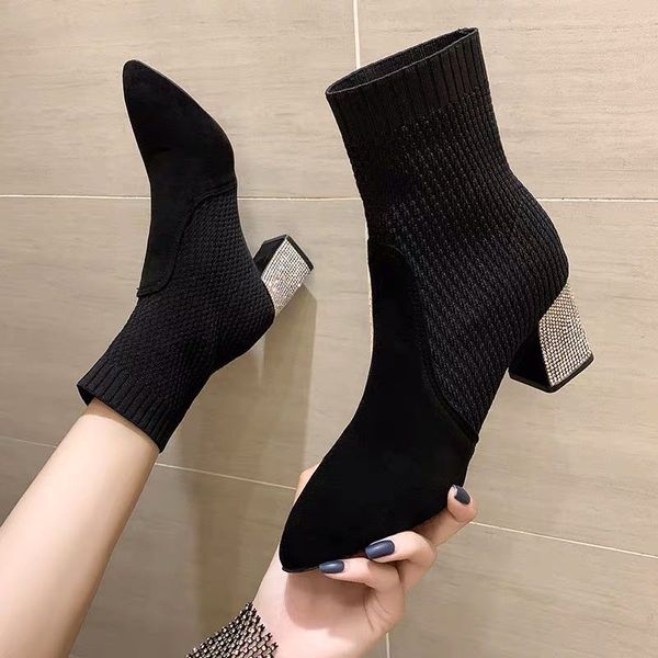 autumn's new pointed thick heel socks boots women's single boots middle tube elastic high heel women's short, Black
autumn's new pointed thick heel socks boots women's single boots middle tube elastic high heel women's short, Black