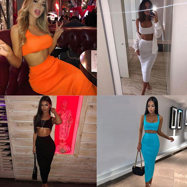 two piece dress women set nightclub style mid-calf long skirts tank fashion women's short camis high waist skirt suit, White
two piece dress women set nightclub style mid-calf long skirts tank fashion women's short camis high waist skirt suit, White