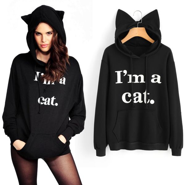 

naiveroo women casual hoodies sweatshirt long sleeve hoody cat ears i am cat printed hoodies tracksuit jumper female outerwear, Black