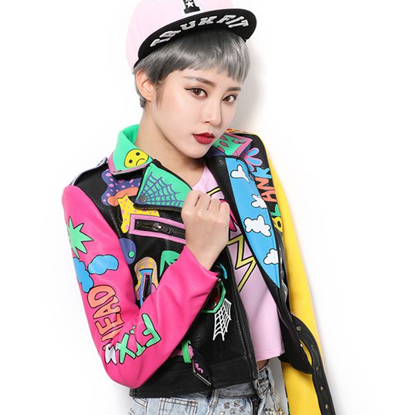 rock punk jacket leather women zipper rivet designer short cropped metal graffiti faux leather jacket woman motorcycle pu, Black
rock punk jacket leather women zipper rivet designer short cropped metal graffiti faux leather jacket woman motorcycle pu, Black