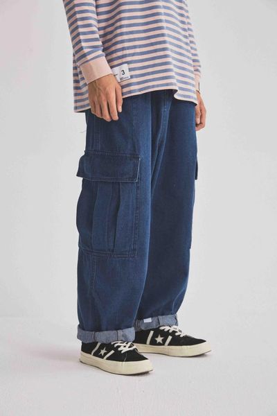 men casual baggy denim cargo pants cargo jeans, Blue