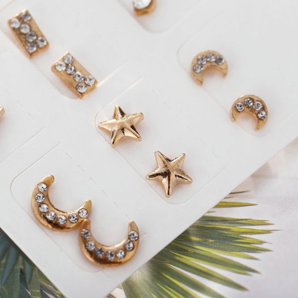 6pair/set gold silver color fashion crystal moon star stud earrings set for women round earring statement jewelry, Golden;silver 
6pair/set gold silver color fashion crystal moon star stud earrings set for women round earring statement jewelry, Golden;silver