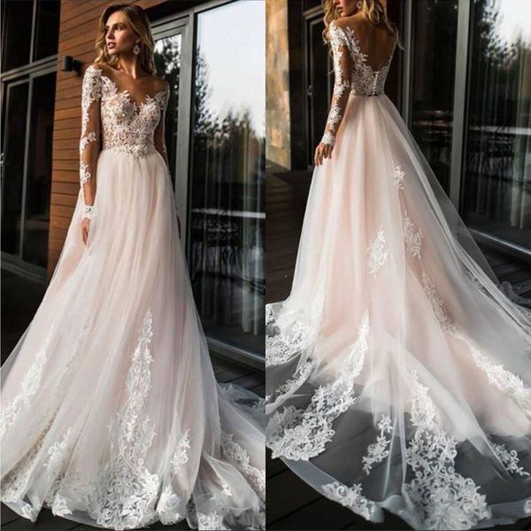 elegant lace wedding dresses sheer tulle applique illusion long sleeves backless with button bridal gowns robe de, White
elegant lace wedding dresses sheer tulle applique illusion long sleeves backless with button bridal gowns robe de, White