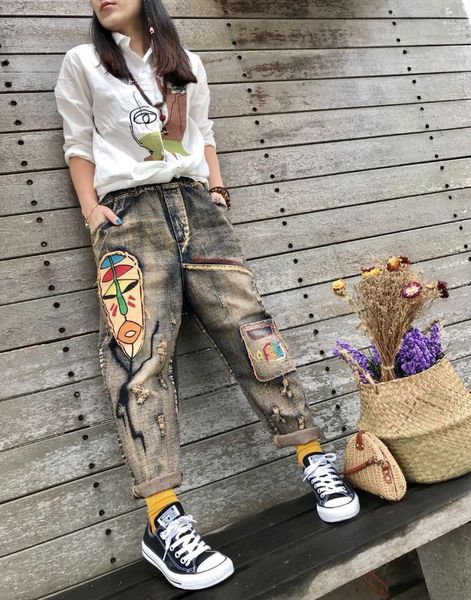 orchid grey white black feer female patch personality harlan baggy pants jeans bk4390, Blue
orchid grey white black feer female patch personality harlan baggy pants jeans bk4390, Blue