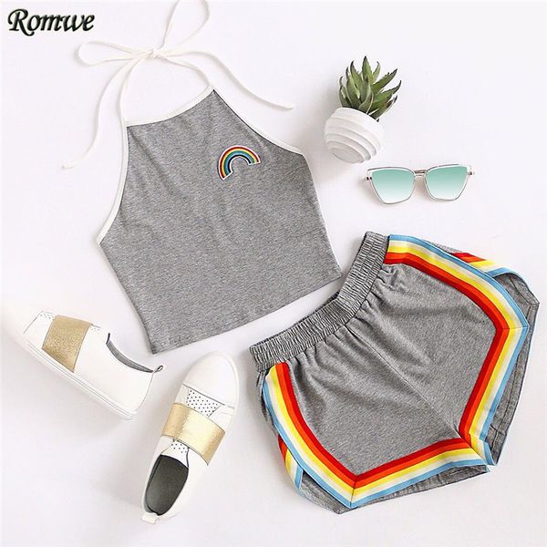 2 piece set shorts women crop women 2017 summer ladies rainbow patch halter and colorful trimming shorts set, White;black
2 piece set shorts women crop women 2017 summer ladies rainbow patch halter and colorful trimming shorts set, White;black