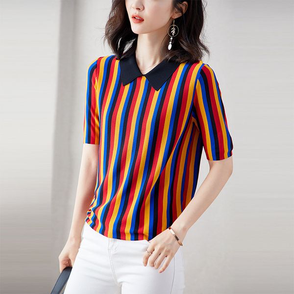 2020 fashion rainbow striped short sleeve sweater turn-down collar thin sweater jl-hy2019, White;black
2020 fashion rainbow striped short sleeve sweater turn-down collar thin sweater jl-hy2019, White;black
