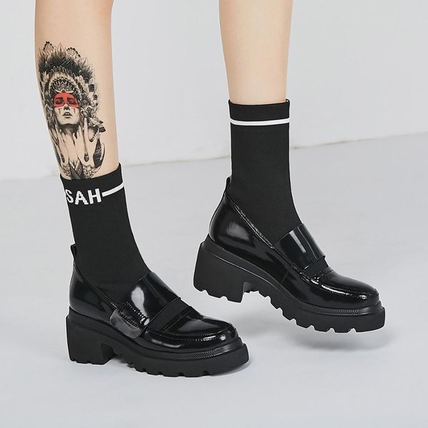 women's genuine leather stretch knitting patchwork slip-on ankle boots chunky heel platform black slim autumn short booties shoe
women's genuine leather stretch knitting patchwork slip-on ankle boots chunky heel platform black slim autumn short booties shoe
