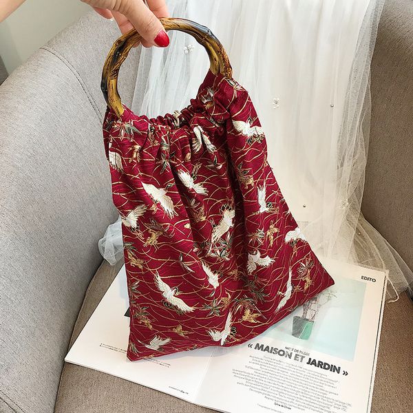 

2019 new national floral printing cloth women tote bag bamboo handle handbag lady light canvas shoulder messenger bag bolso