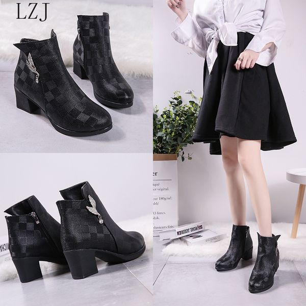 lzj new winter ladies boots fashion pu metal decorative warm short plush lining female work high heel boots zapatos de mujer, Black 
lzj new winter ladies boots fashion pu metal decorative warm short plush lining female work high heel boots zapatos de mujer, Black