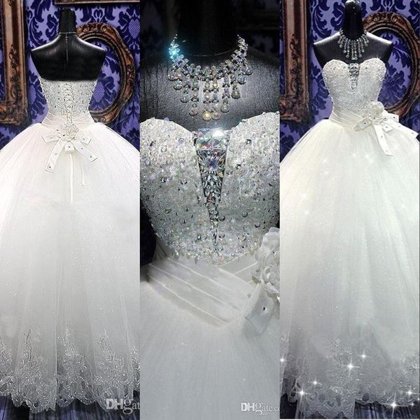 new vintage bling ball gown wedding dresses sweetheart lace appliques crystal beaded pearls floor length bow sleeveless formal bridal gowns, White
new vintage bling ball gown wedding dresses sweetheart lace appliques crystal beaded pearls floor length bow sleeveless formal bridal gowns, White