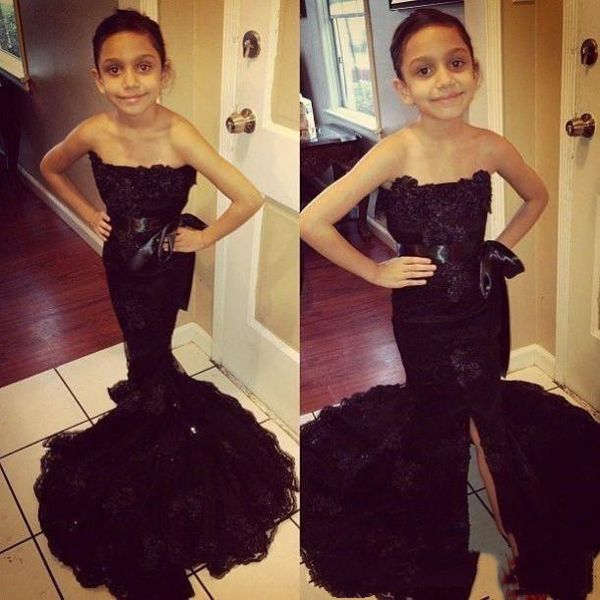 black lace mermaid girls pageant dresses strapless front split sweep train appliques prom party flower girl communion gowns for teens gd011, White;red
black lace mermaid girls pageant dresses strapless front split sweep train appliques prom party flower girl communion gowns for teens gd011, White;red