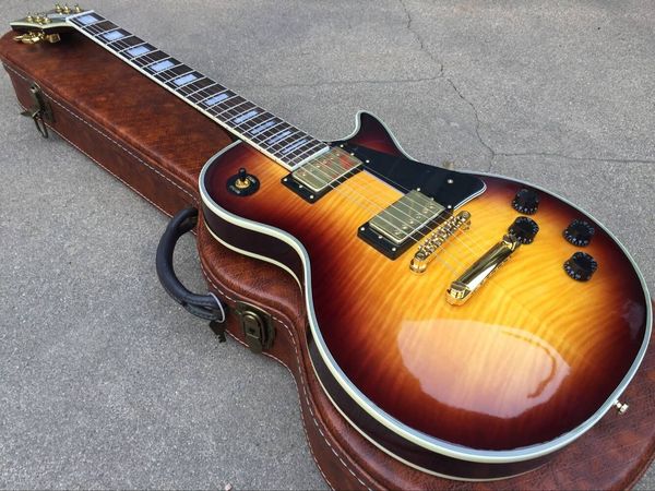 custom 1959 flame maple vintage sunburst electric guitar 5 ply body binding rosewood fingerboard trapezoid white mother of pearl inlay
custom 1959 flame maple vintage sunburst electric guitar 5 ply body binding rosewood fingerboard trapezoid white mother of pearl inlay