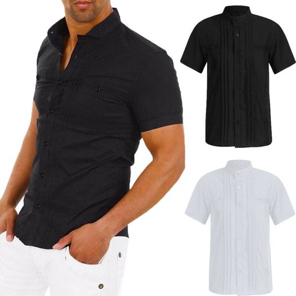summer men stylish casual dress slim fit shirt short sleeve pleated formal business shirts, White;black
summer men stylish casual dress slim fit shirt short sleeve pleated formal business shirts, White;black