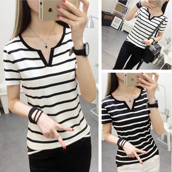 large t- size base shirt fashionable stretch women's 2019v collar short sleeve t-shirt women's striped loose, White
large t- size base shirt fashionable stretch women's 2019v collar short sleeve t-shirt women's striped loose, White