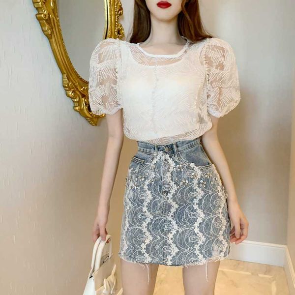 two piece dress heavy industry beaded puff sleeve lace + high waist denim skirt fashion suit, White
two piece dress heavy industry beaded puff sleeve lace + high waist denim skirt fashion suit, White