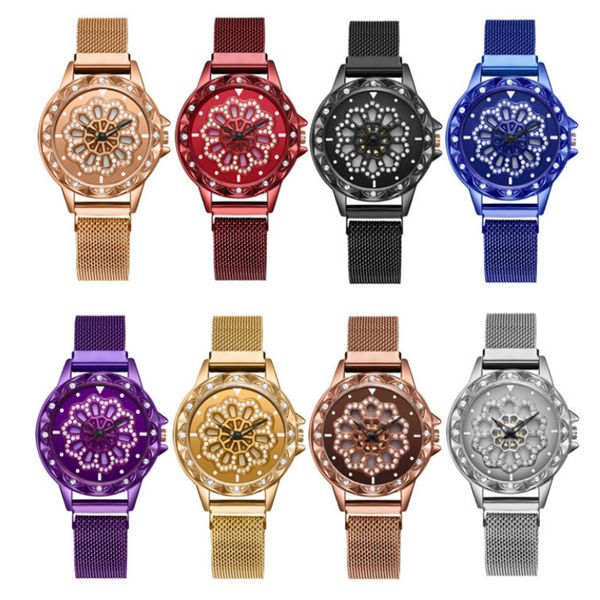 

lucky 360 degree rotation women watches fashion quartz wristwatches clock magnet buckle women dress ladies watch reloj mujer, Slivery;brown