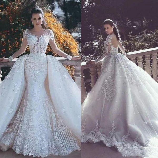2019 new backless mermaid lace wedding dresses with detachable train plunging neck wedding dress illusion sleeves beaded bridal gowns, White
2019 new backless mermaid lace wedding dresses with detachable train plunging neck wedding dress illusion sleeves beaded bridal gowns, White