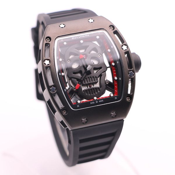 black steel 43mm boyuheng brand red hands watches quartz transparent movement and dial skull head mens watch tonneau wristwatches, Slivery;brown
black steel 43mm boyuheng brand red hands watches quartz transparent movement and dial skull head mens watch tonneau wristwatches, Slivery;brown