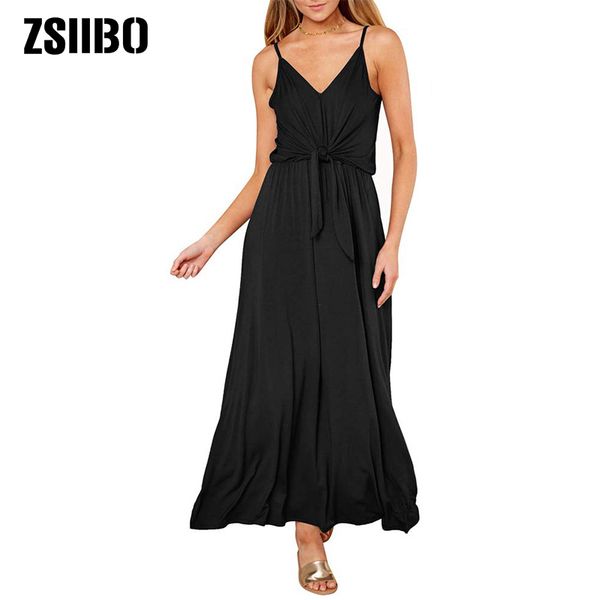 2019 new spring summer black v-neck suspenderpure long dresses zsiibo, Black;pink
