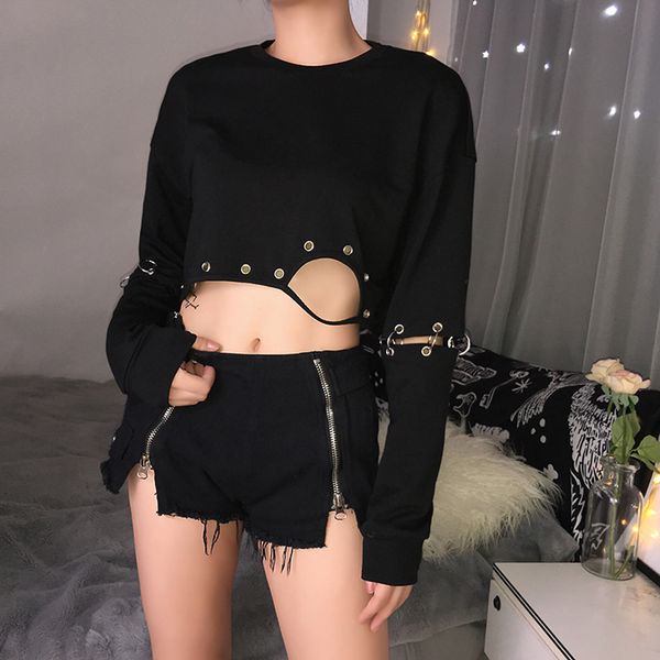 women punk sweatshirt gothic crop mental ring cool casual o-neck solid full sleeve casual blouse sudadera mujer new, Black
women punk sweatshirt gothic crop mental ring cool casual o-neck solid full sleeve casual blouse sudadera mujer new, Black