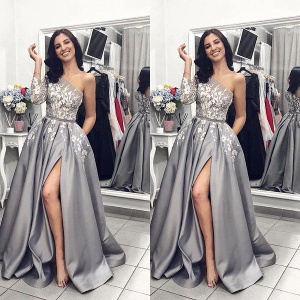 new one shoulder prom dresses lace long sleeve grey a line slit shiny satin elegant evening formal dress 3d appliques long arabic prom, Black
new one shoulder prom dresses lace long sleeve grey a line slit shiny satin elegant evening formal dress 3d appliques long arabic prom, Black